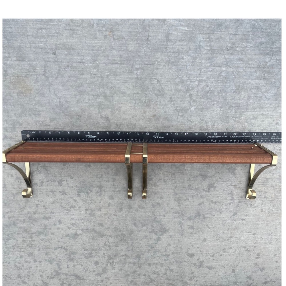 Vintage Mid Century Modern Adjustable Wood and Brass Wall Shelf 24-45 Inch Wide - Picture 4 of 12